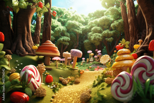 Candy land forest, sweet and magical world with candy and sweets photo