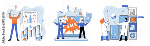 Promotion discount sale. Vector illustration. Flash sale online, sudden downpour in desert of regular prices Sales index, measuring scale of market dynamics Forecast of future sales, beacon of light