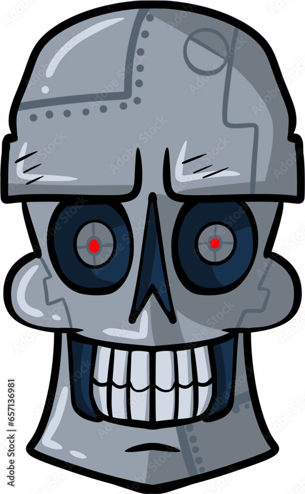 Vector drawing of robot skull. Hand drawn,cartoon style,doodle,colour,colourful,grey,metal,metallic,shiny. Halloween,October,sign,symbol,holiday,character,spooky,horror,creepy,bones,skeleton,head,face