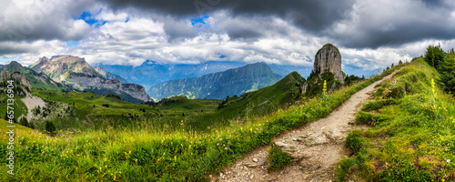 Popular mountain in the Swiss Alps called Schynige Platte in Switzerland. View on Schynige Platte, Jungfrau region, Switzerland. View of Wetterhorn, Schreckhorn and Eiger from Schynige Platte.