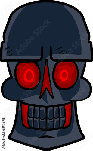 Vector drawing of black devil,evil skull with red eyes. Hand drawn,cartoon style,doodle,colour,colourful. Halloween,October,holiday,symbol,sign,scary,spooky,horror,death,character,cute,silly,skeleton