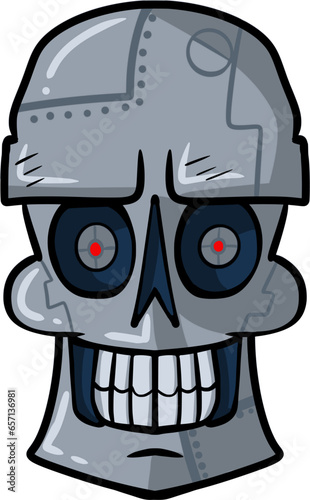 Vector drawing of robot skull. Hand drawn,cartoon style,doodle,colour,colourful,grey,metal,metallic,shiny. Halloween,October,sign,symbol,holiday,character,spooky,horror,creepy,bones,skeleton,head,face