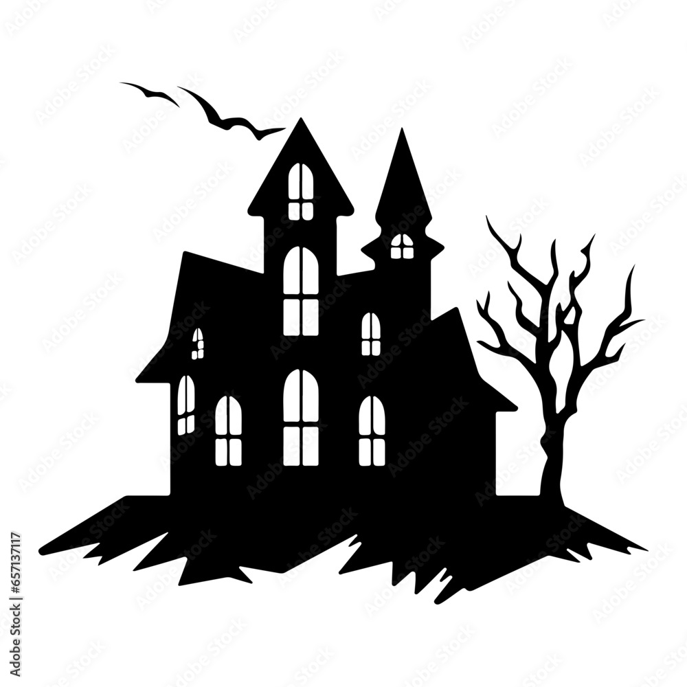 Haunted House silhouette, scary halloween house
