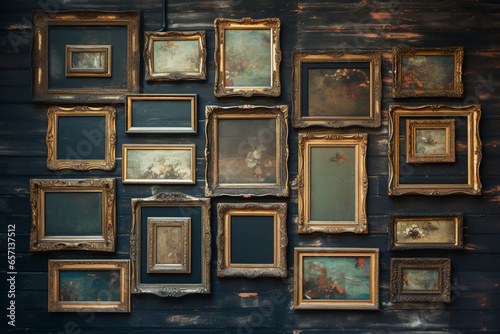 Various wooden retro vintage frames hanging on wall with copy space background. Frames on grunge old wall. Frames for painting or photograph. Generative AI