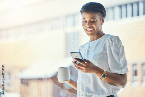 Lunch, woman and coffee with cellphone at work, communication and social media for relax or break. Professional, mockup and black person with mug by window, buildings or technology for hot cappuccino