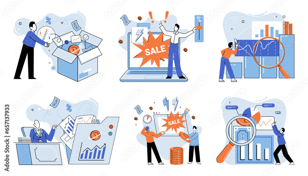 Promotion discount sale. Vector illustration. Flash sale online, sudden downpour in desert of regular prices Sales index, measuring scale of market dynamics Forecast of future sales, beacon of light
