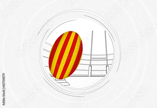 Catalonia flag on rugby ball, lined circle rugby icon with ball in a crowded stadium. photo