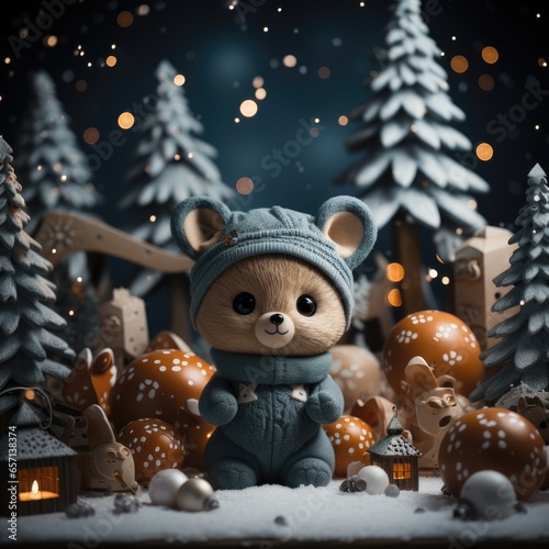 Christmas decoration in which a small stuffed bear appears. A bear surrounded by candles to congratulate Christmas, Christmas postcard or Christmas wallpaper.