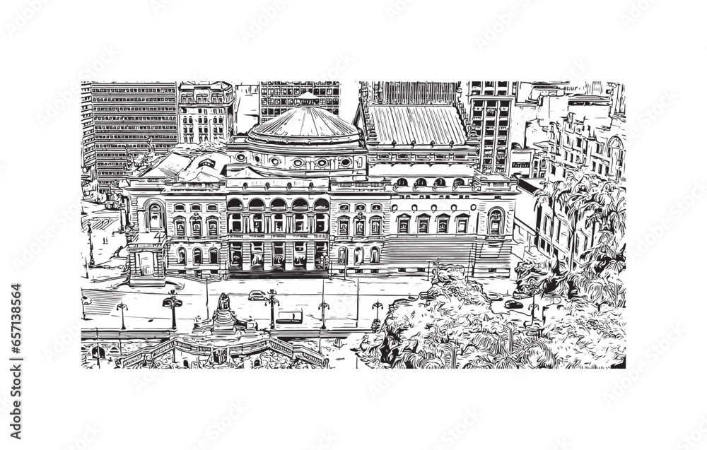 Building view with landmark of Sao Paulo is the city in Brazil. Hand drawn sketch illustration in vector.