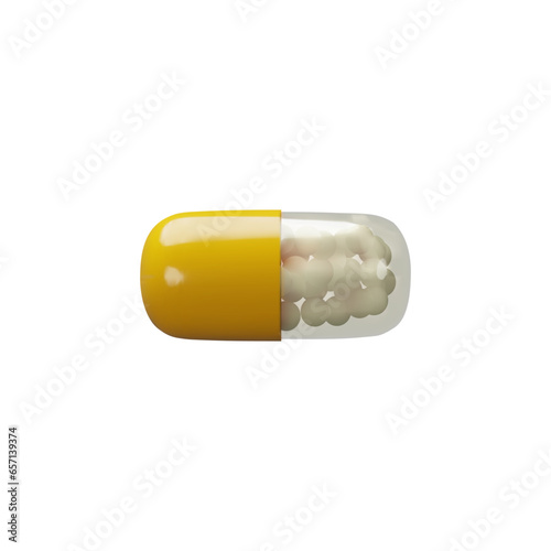 3D render horizontal long yellow pill. Realistic plastic treatment. Medicine care tablet. Pharmacy chemical cure, drug, antibiotic, vitamin, painkiller. Vector illustration about health plastic style