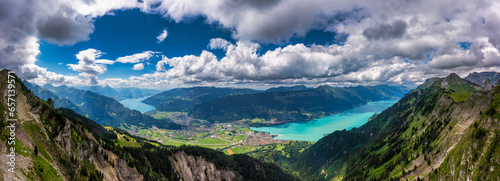 Beautiful Lake Thun and Lake Brienz view from Schynige Platte trail in Bernese Oberland, Canton of Bern, Switzerland. Popular mountain in the Swiss Alps called Schynige Platte in Switzerland. photo