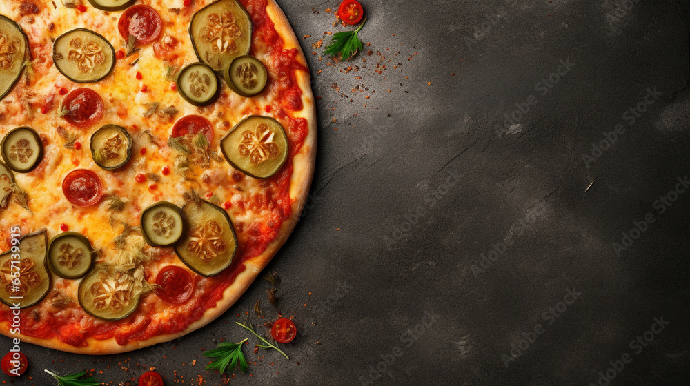 Pickle pizza on a dark background. environmentally responsible food choices concept