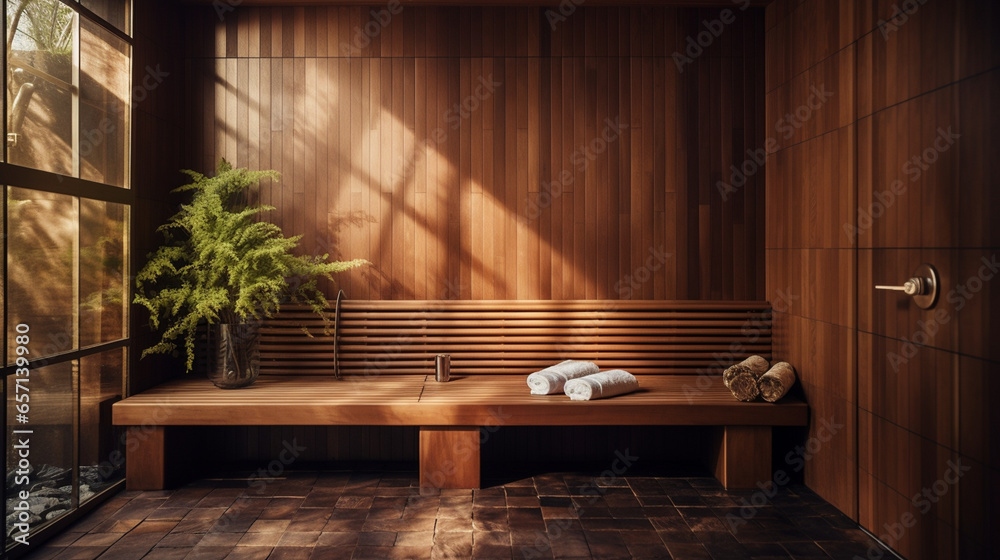 View of the Finnish sauna room. Modern interior of a wooden dry steam spa cabin