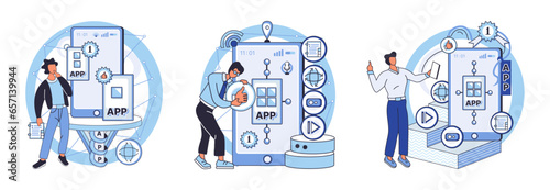 Application testing metaphor. Vector illustration. Application testing, refining process that ensures smooth ride for software App test, trial period before app cofficially make its debut Software