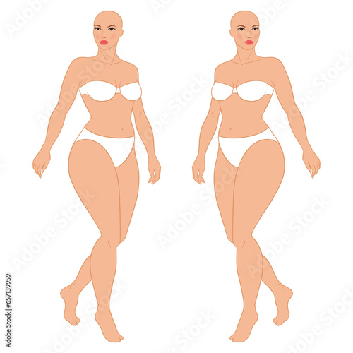 Plus size female fashion figure walking, vector template. Beautiful curvy woman body vector illustration. Female colored croquis. 