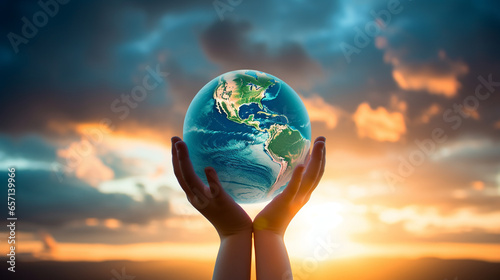 Concept for the International Day of Peace. A child holds a globe of the earth. Globe of planet Earth on defocused background of nature with copy of space
