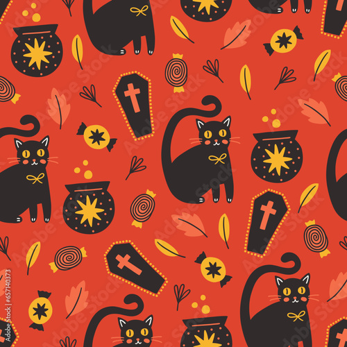 Halloween seamless pattern with cat, autumn leaves, candy, coffin