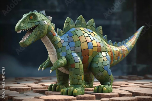 Dinosaur made of bricks on wooden background. Toy of dinosaurs.