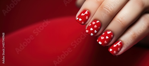 Canvastavla banner Valentines day nail art, Female hands with beautiful fashion glamour manicure in red colors with hearts design on nails on red background