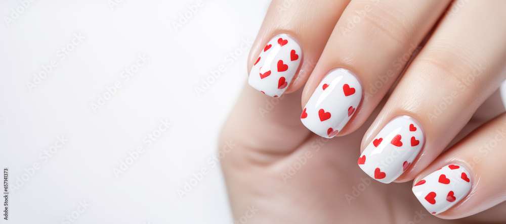 banner Valentines day nail art, Female hands with beautiful fashion glamour manicure in red colors with hearts design on nails on white background. - obrazy, fototapety, plakaty 