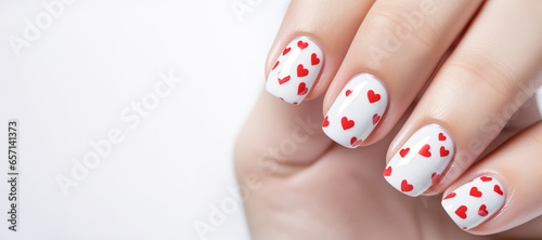 banner Valentines day nail art, Female hands with beautiful fashion glamour manicure in red colors with hearts design on nails on white background.