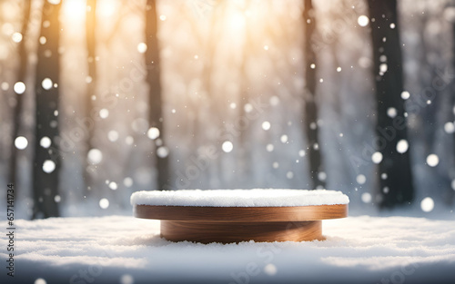 Wooden podium on the backdrop of falling snow in a natural winter landscape, sunrise forest