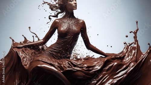 beautiful woman statue in liquid chocolate dress. Splash, chocolate splashes