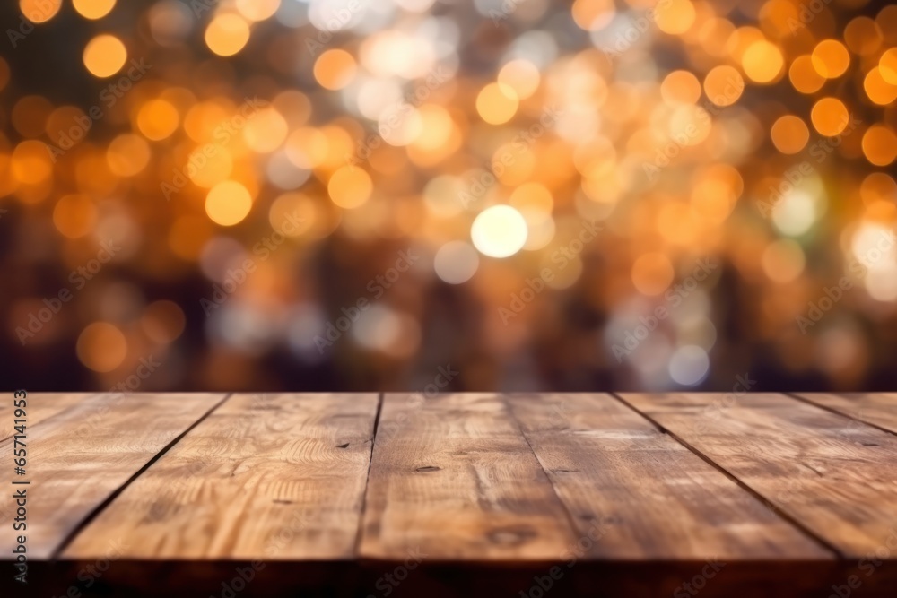 Empty wooden table top and blurred Christmas holiday background with lights garland. Image for display your product.