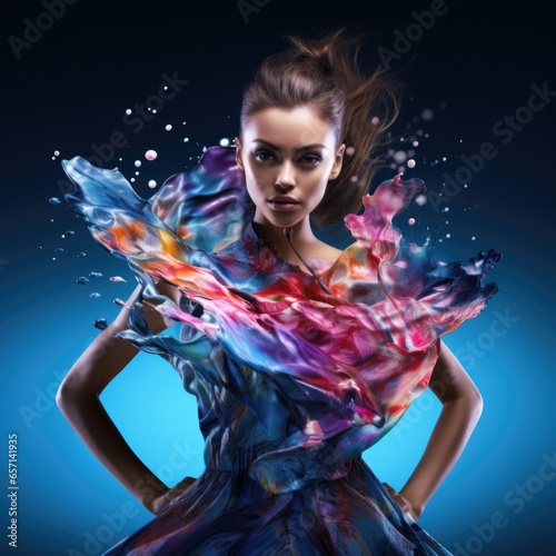 Beautiful woman in a stunning multi-colored dress made of water.