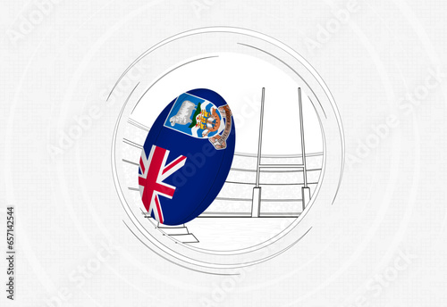 Falkland Islands flag on rugby ball, lined circle rugby icon with ball in a crowded stadium. photo