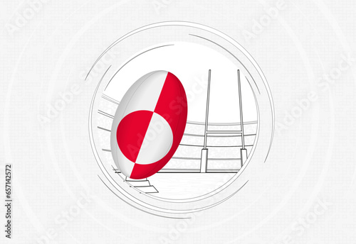 Greenland flag on rugby ball, lined circle rugby icon with ball in a crowded stadium.