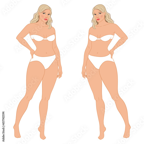 Plus size female fashion figure posing, vector template. Beautiful curvy woman body vector illustration. Female colored croquis with face and hair. 