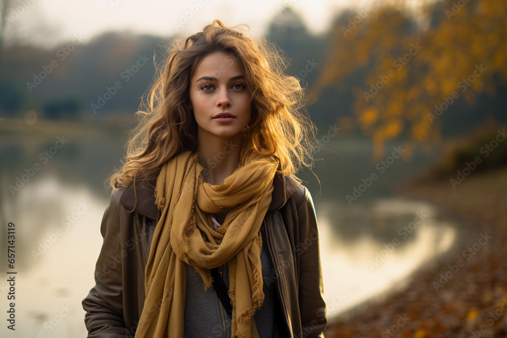 slender woman with fluffy hair and a woolen scarf in autumn in a park by the lake slender woman with fluffy hair and a woolen scarf in autumn in a park by the lake