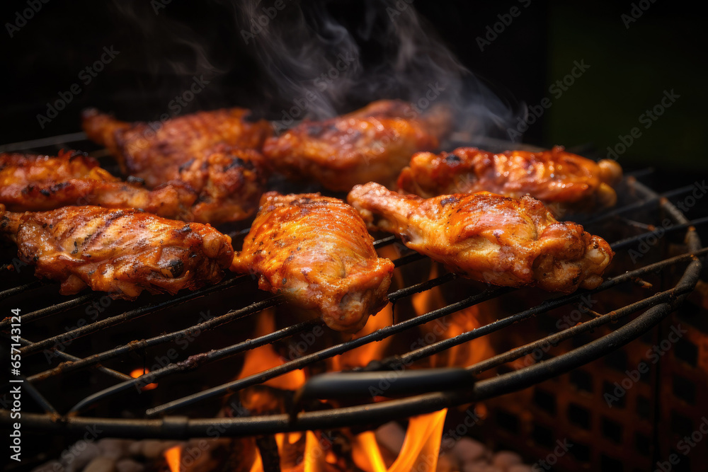 Chicken wings in barbecue sauce on a grill grate with a flame of fire underneath.