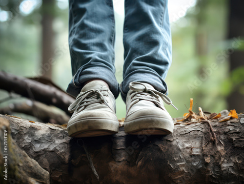 Close up shoes and jeans on wood in forest, children playing in the middle of the forest