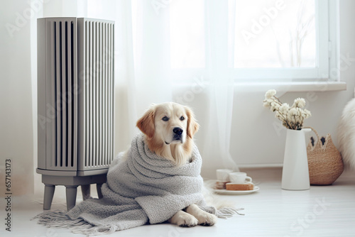 Golden Retriever dog warming himself in a knitted woolen blanket near an electric radiator heater. The concept of problems with heating the house in winter.