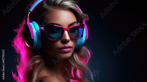 Portrait of a beautiful stylish woman in fashionable glasses listening to music on headphones, close-up