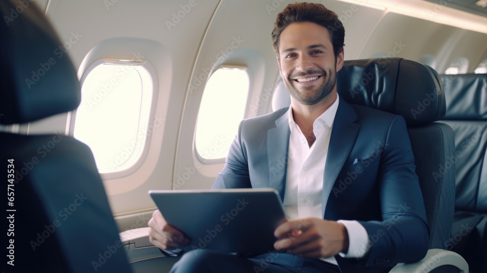 Businessman passenger sitting on seat in Airplane working online while travelling with tablet. Businessman passenger sitting on seat in Airplane working online while travelling with tablet.