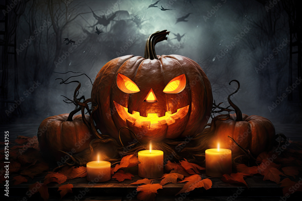 A spooky and atmospheric image featuring a jack-o'-lantern glowing in the dark, surrounded by eerie mist and candles