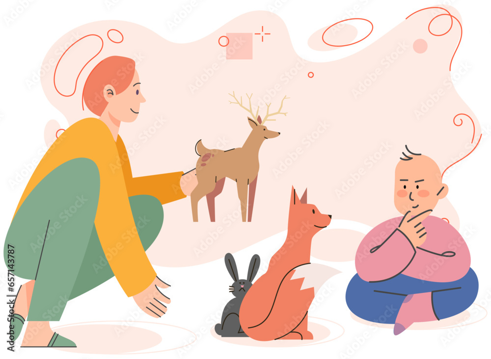 Fototapeta premium Mother tells son about animals. Young female teacher showing kids picture of deer and fox. Woman teaching children, telling about animals, plays logic game with him. Education in kindergarten