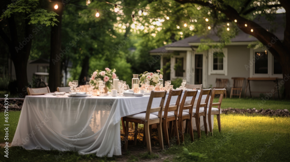 Fototapeta premium Wedding decor table, Backyard wedding banquet with candlelit table on green lawn adorned.