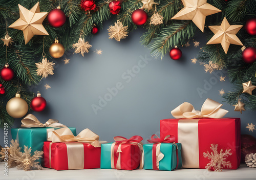 Christmas and new year background - gift boxes and stars near decorated christmas tree and copy space.  Generative Ai photo