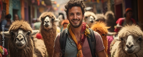 Tranquil Trek. Man Smiling as He Walks Through the Village Surrounded by Llamas.