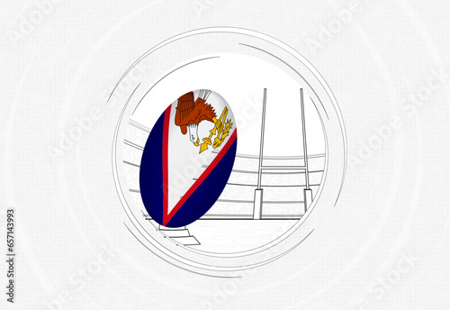 American Samoa flag on rugby ball, lined circle rugby icon with ball in a crowded stadium.