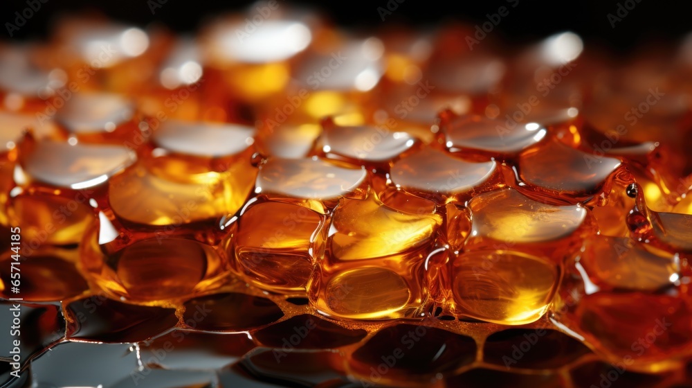 Golden honey drips from a honeycomb lit from above against a black background Golden honey drips from a honeycomb lit from above against a black background