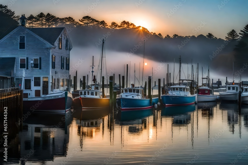 coastal village in Massachusetts harbor boat soft defused low light fog ripples reflections sea - AI Generative