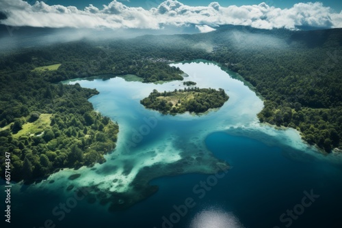 Aerial View of Hydrographic Landscape with Lush Forests and Majestic Rive