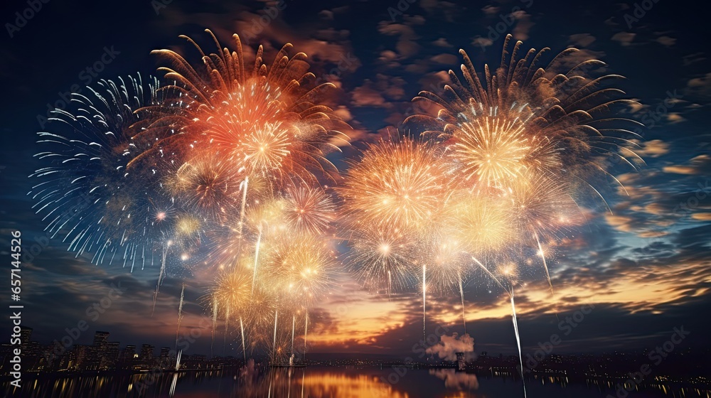 fireworks in the night sky and over the ocean, colorful pyrotechnics
