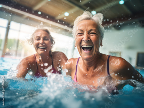 Happy elderly woman in swimming pool smiling and having fun with her friend © Kedek Creative