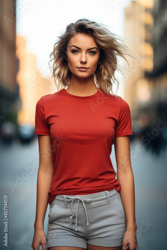 Beautiful women wearing red t shirt standing in urban city street.